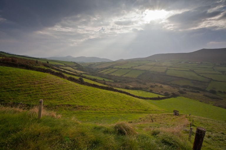 driving in the irish countryside with the sun