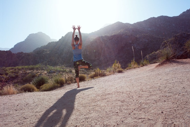 Morning yoga at sunrise in Catalina State Park Arizona. Sunrise Yoga. Outdoors Yoga